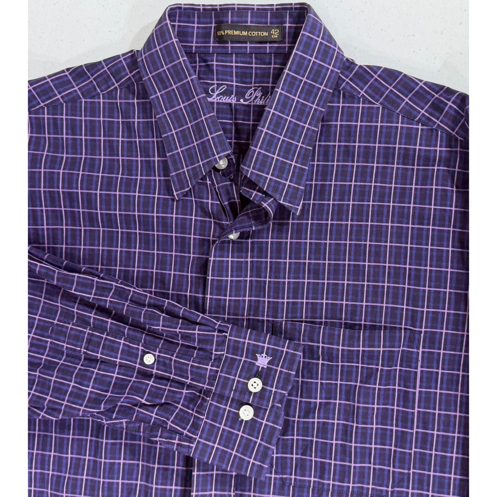 Louis Philippe Button Down‎ Shirt 42 US Large Purple Grid Plaid 100% Cotton